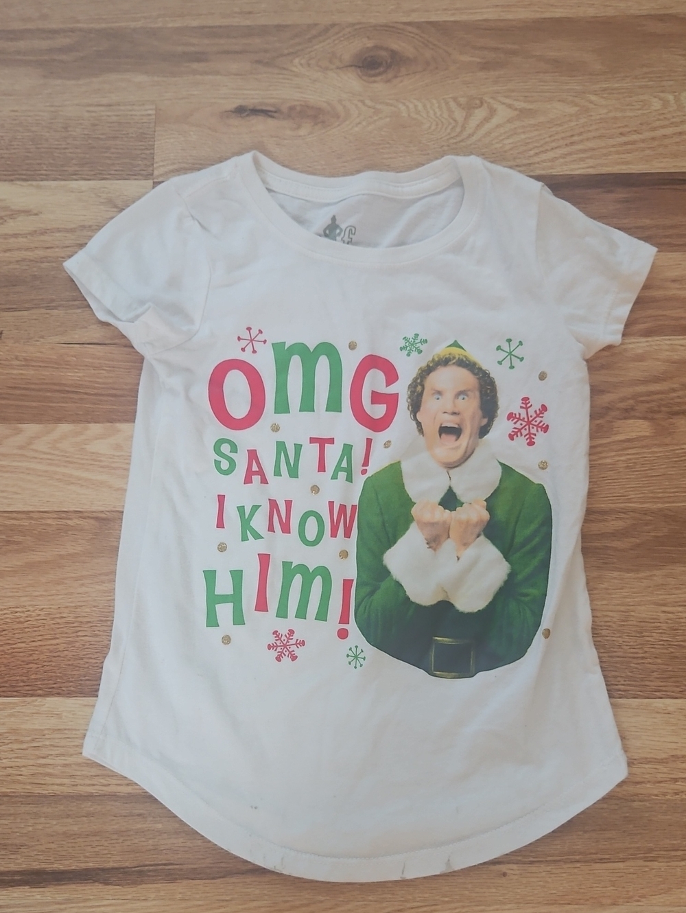 ELF White Kids Tee Santa I Know Him Soze Medium